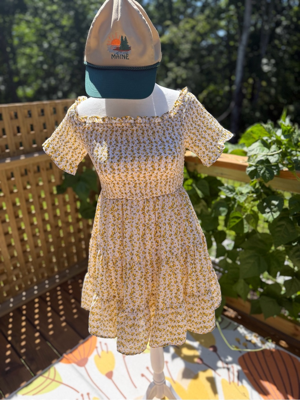 Francesca’s Yellow Floral Smocked Off-Shoulder Dress S *HAT NOT INCLUDED*
